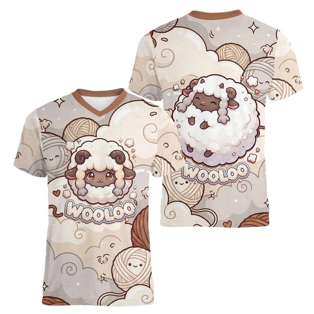 Wooloo Poké Kawaii Art Women V-Neck T-Shirt Cute Wooloo & Yarn Ball Pattern - Cozy Vibes