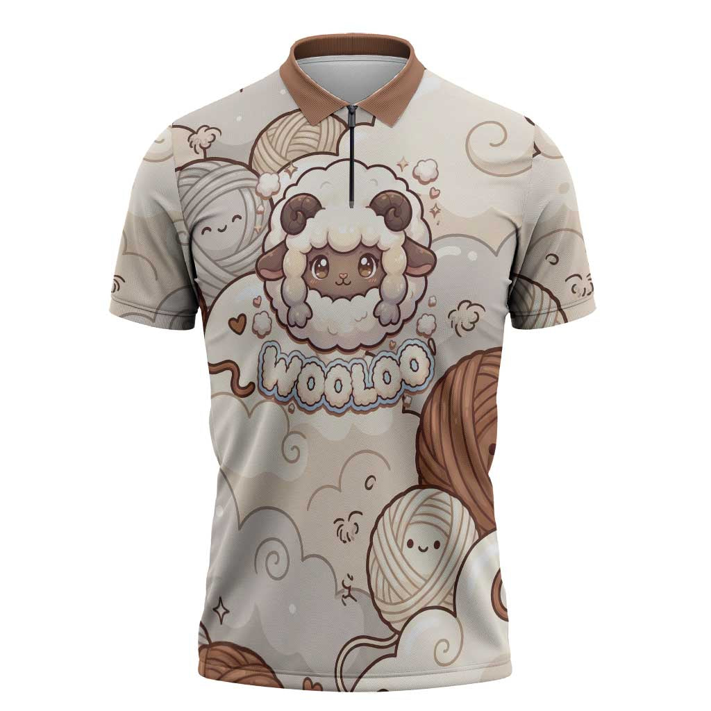 Wooloo Poké Kawaii Art Zipper Polo Shirt Cute Wooloo & Yarn Ball Pattern - Cozy Vibes