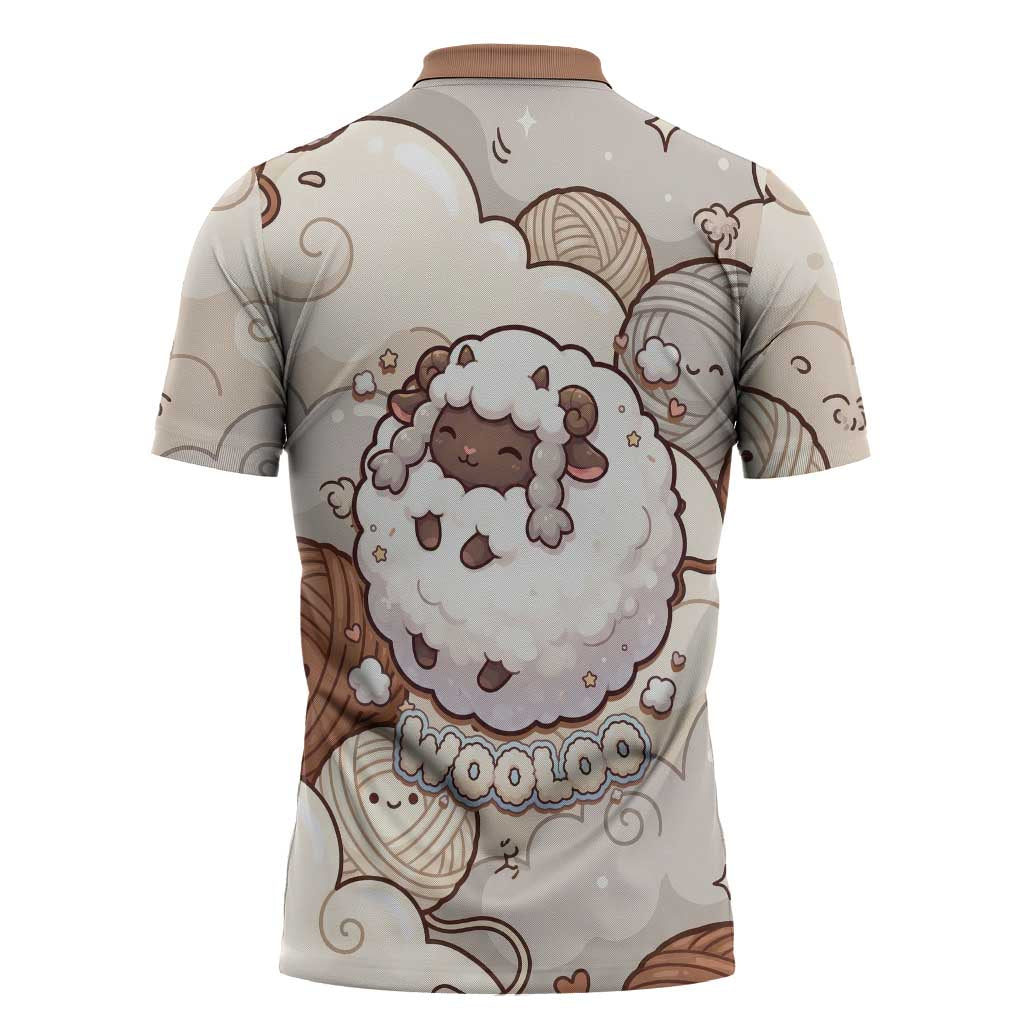 Wooloo Poké Kawaii Art Zipper Polo Shirt Cute Wooloo & Yarn Ball Pattern - Cozy Vibes