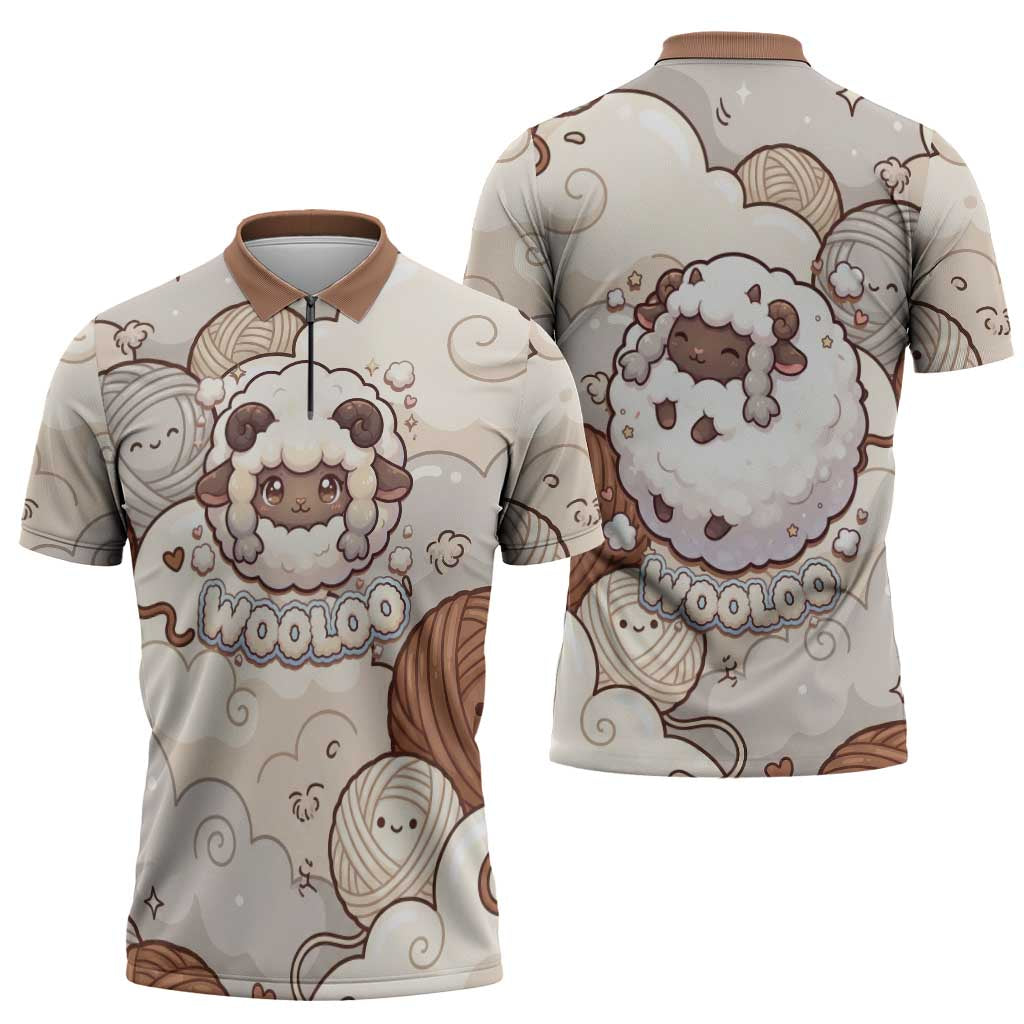 Wooloo Poké Kawaii Art Zipper Polo Shirt Cute Wooloo & Yarn Ball Pattern - Cozy Vibes