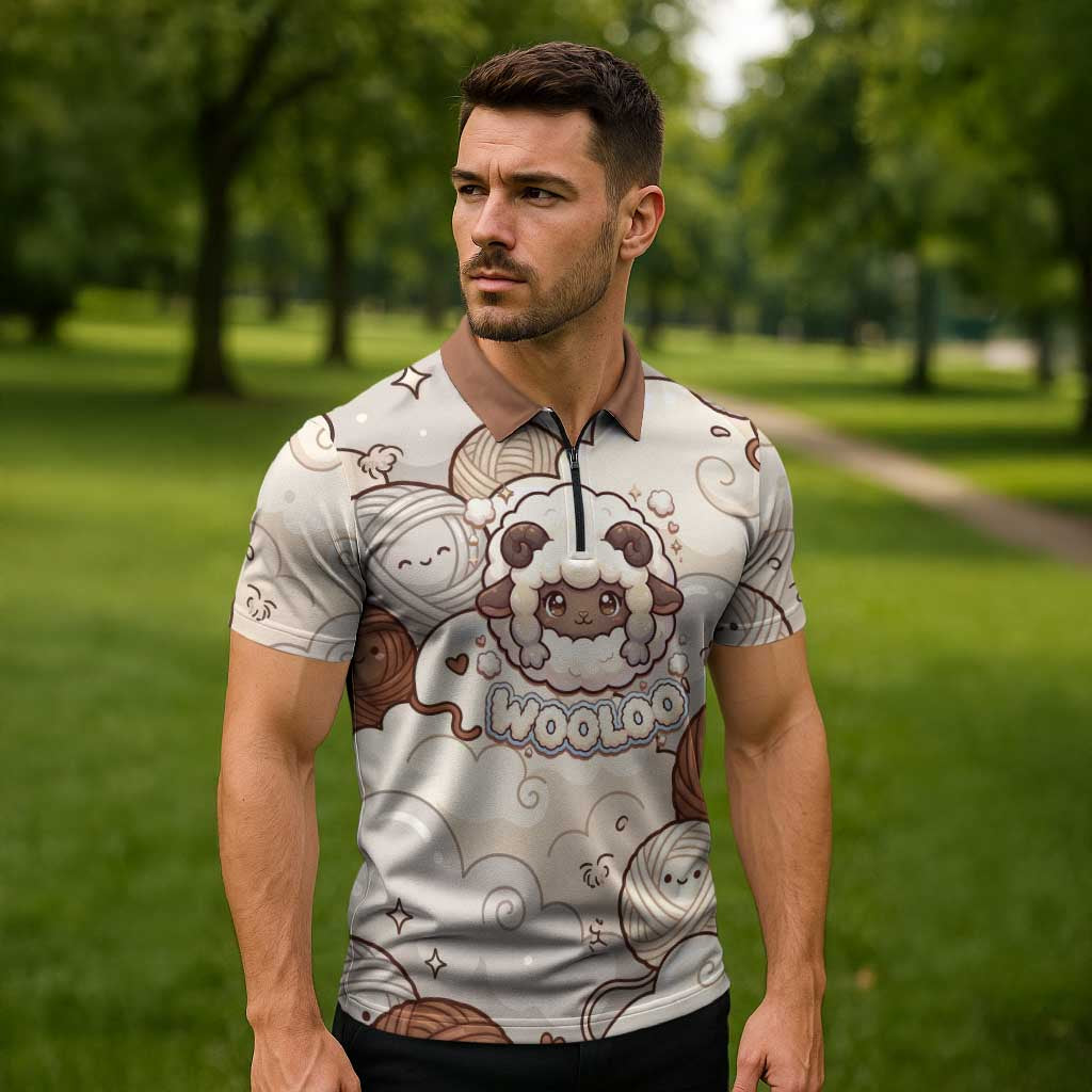Wooloo Poké Kawaii Art Zipper Polo Shirt Cute Wooloo & Yarn Ball Pattern - Cozy Vibes