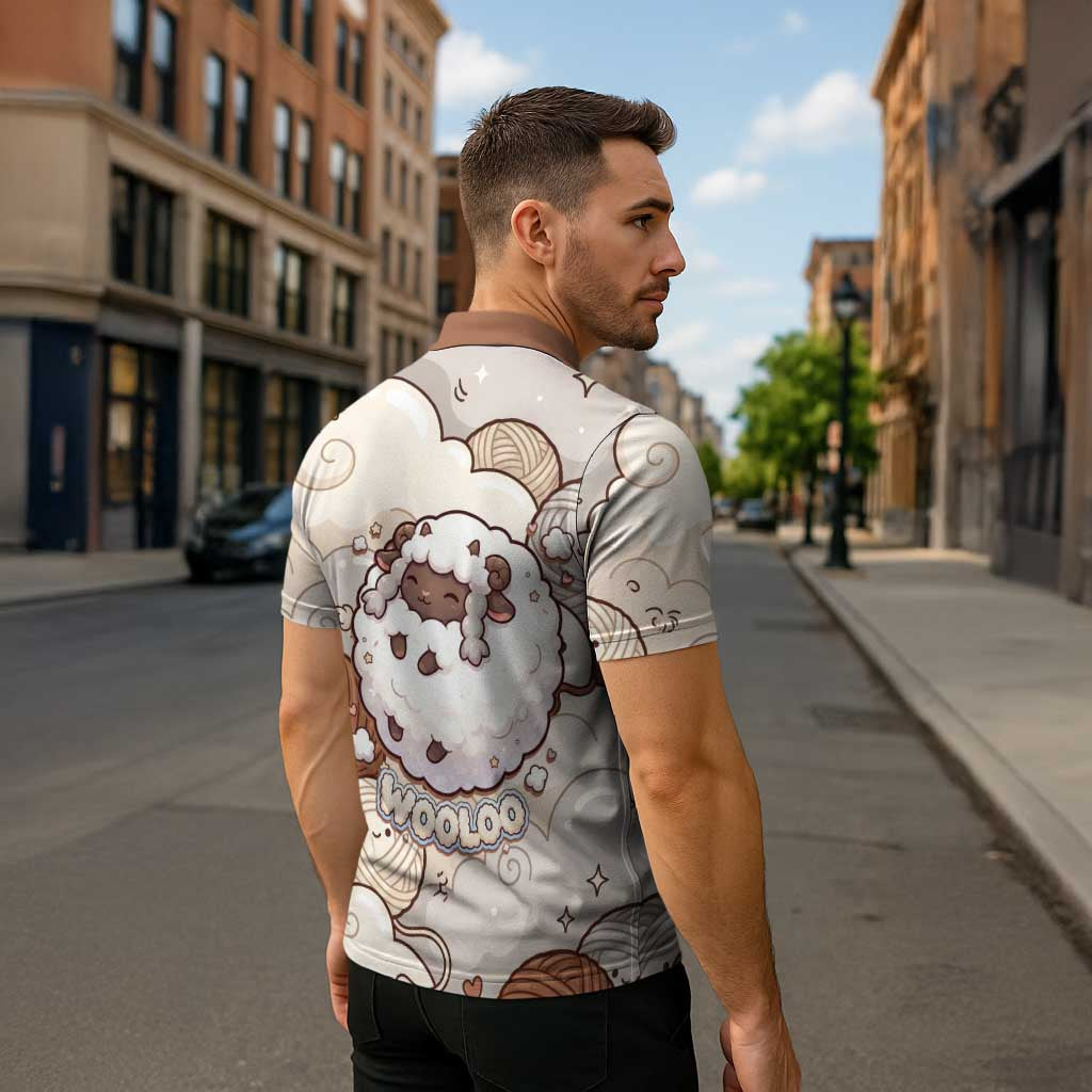 Wooloo Poké Kawaii Art Zipper Polo Shirt Cute Wooloo & Yarn Ball Pattern - Cozy Vibes