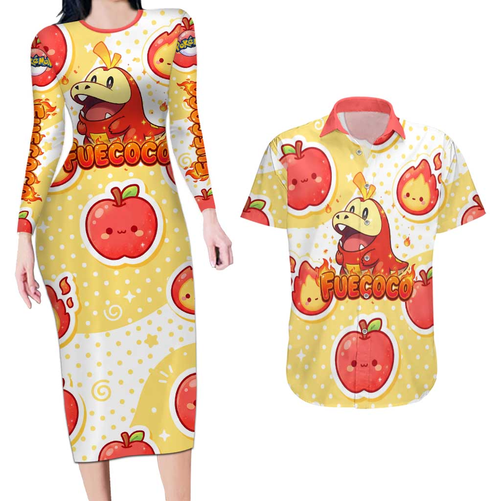 Fuecoco Couples Matching Long Sleeve Bodycon Dress and Hawaiian Shirt Kawaii Apple Flame Pop Art