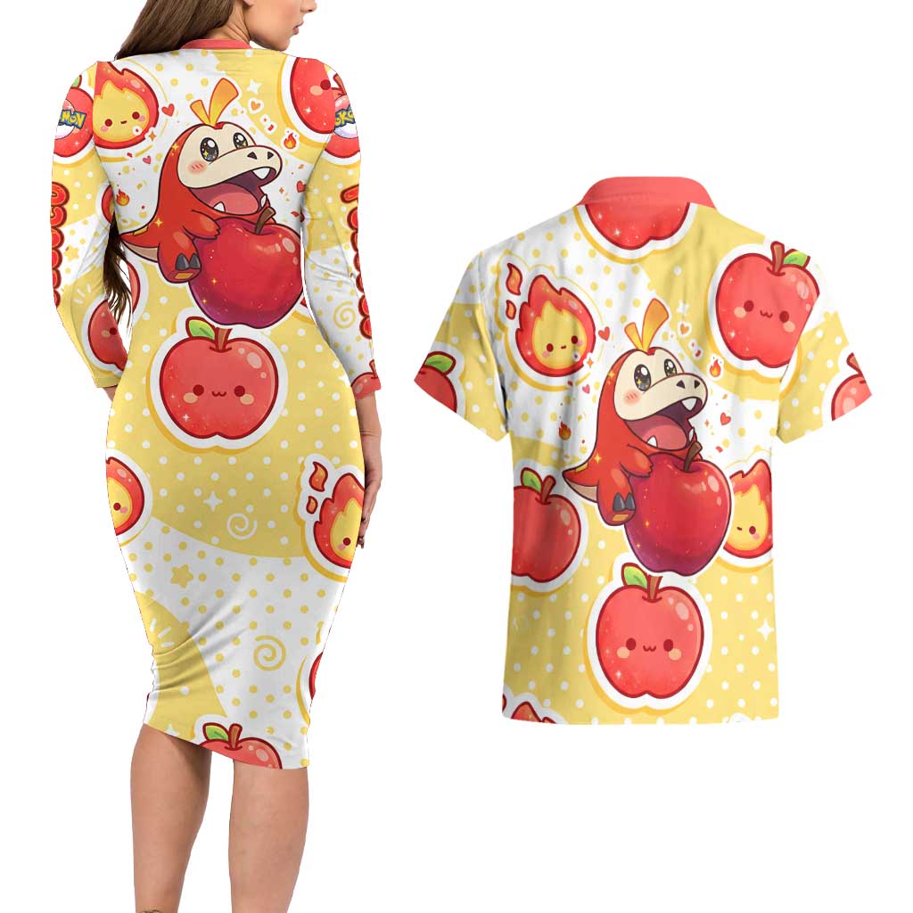 Fuecoco Couples Matching Long Sleeve Bodycon Dress and Hawaiian Shirt Kawaii Apple Flame Pop Art
