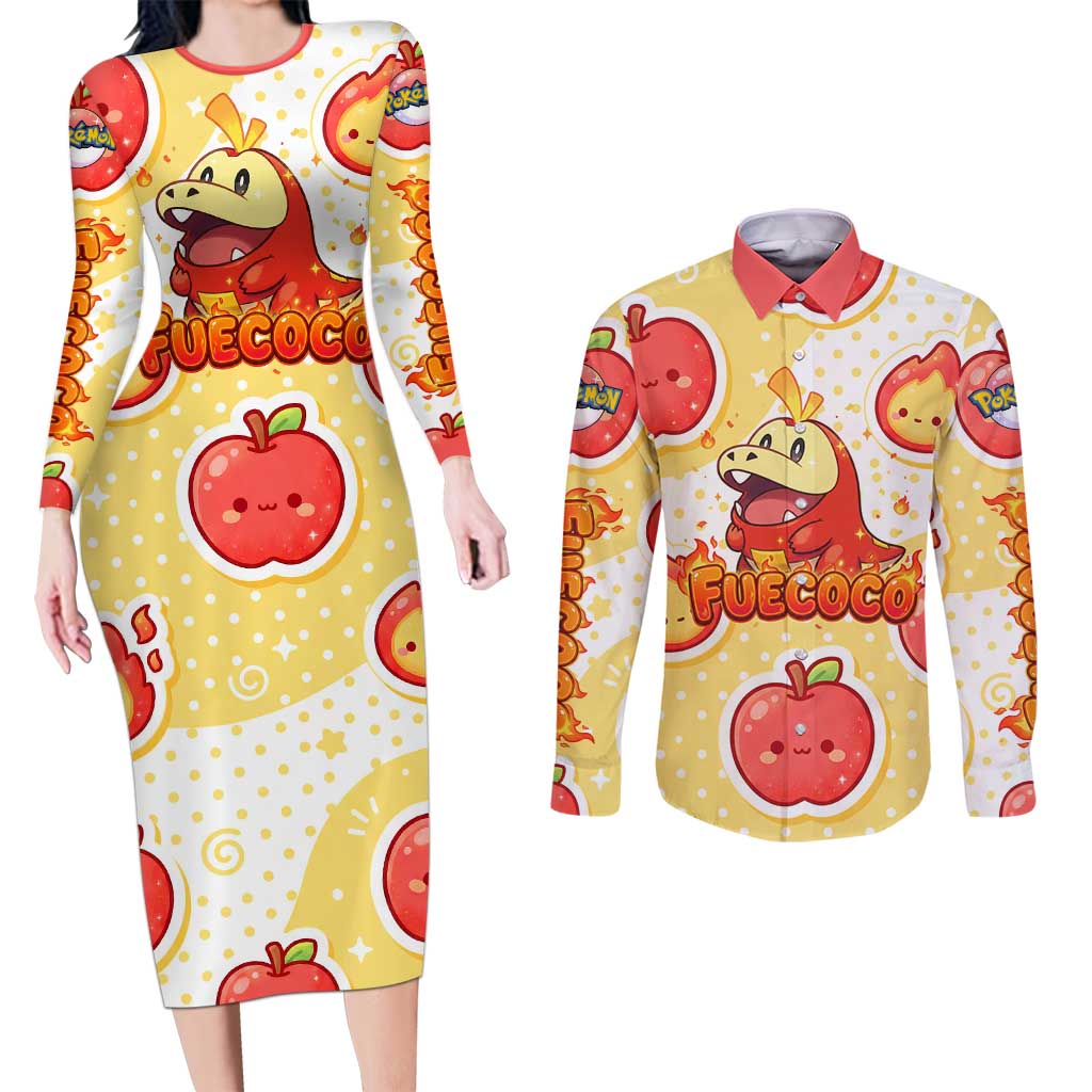 Fuecoco Couples Matching Long Sleeve Bodycon Dress and Long Sleeve Button Shirt Kawaii Apple Flame Pop Art