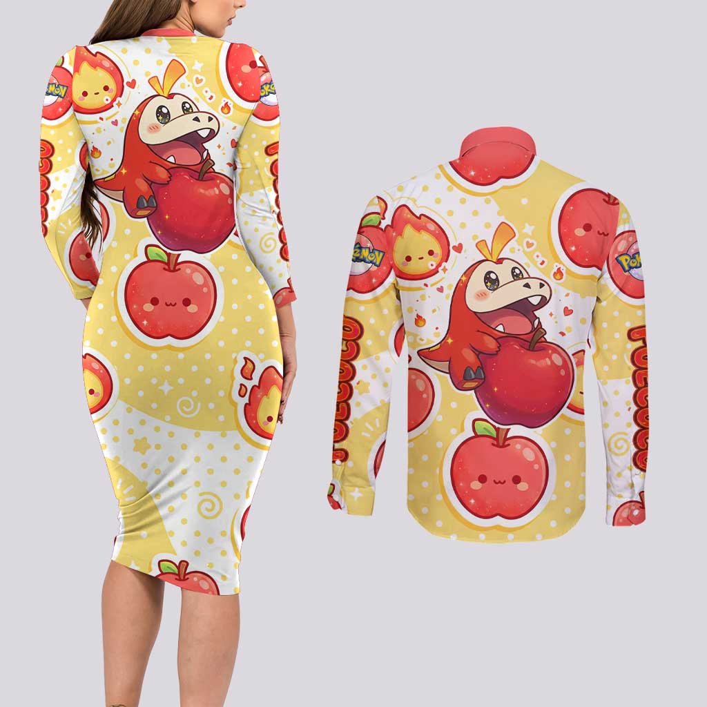 Fuecoco Couples Matching Long Sleeve Bodycon Dress and Long Sleeve Button Shirt Kawaii Apple Flame Pop Art