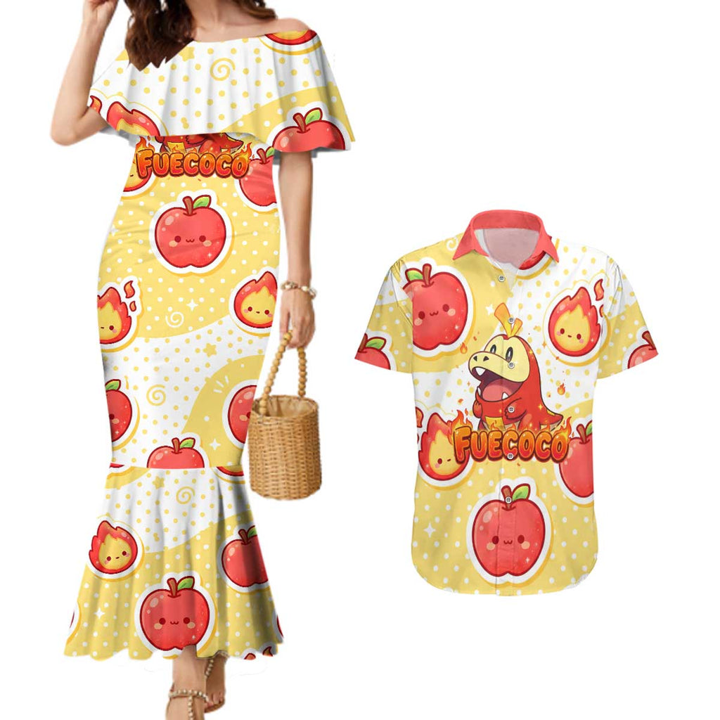 Fuecoco Couples Matching Mermaid Dress and Hawaiian Shirt Kawaii Apple Flame Pop Art