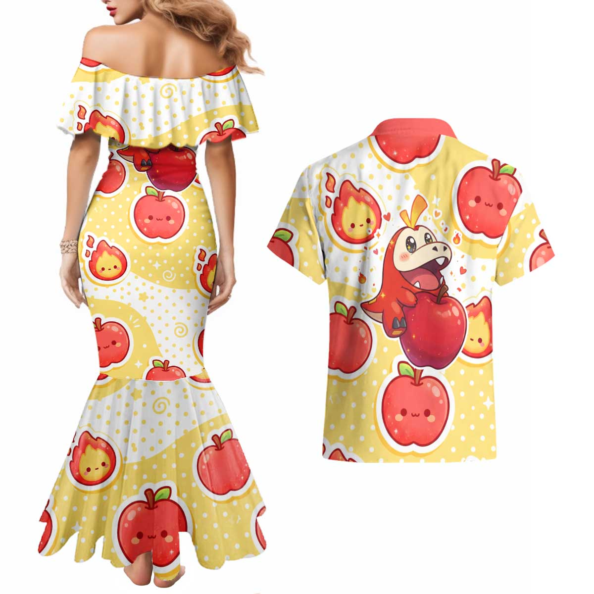Fuecoco Couples Matching Mermaid Dress and Hawaiian Shirt Kawaii Apple Flame Pop Art