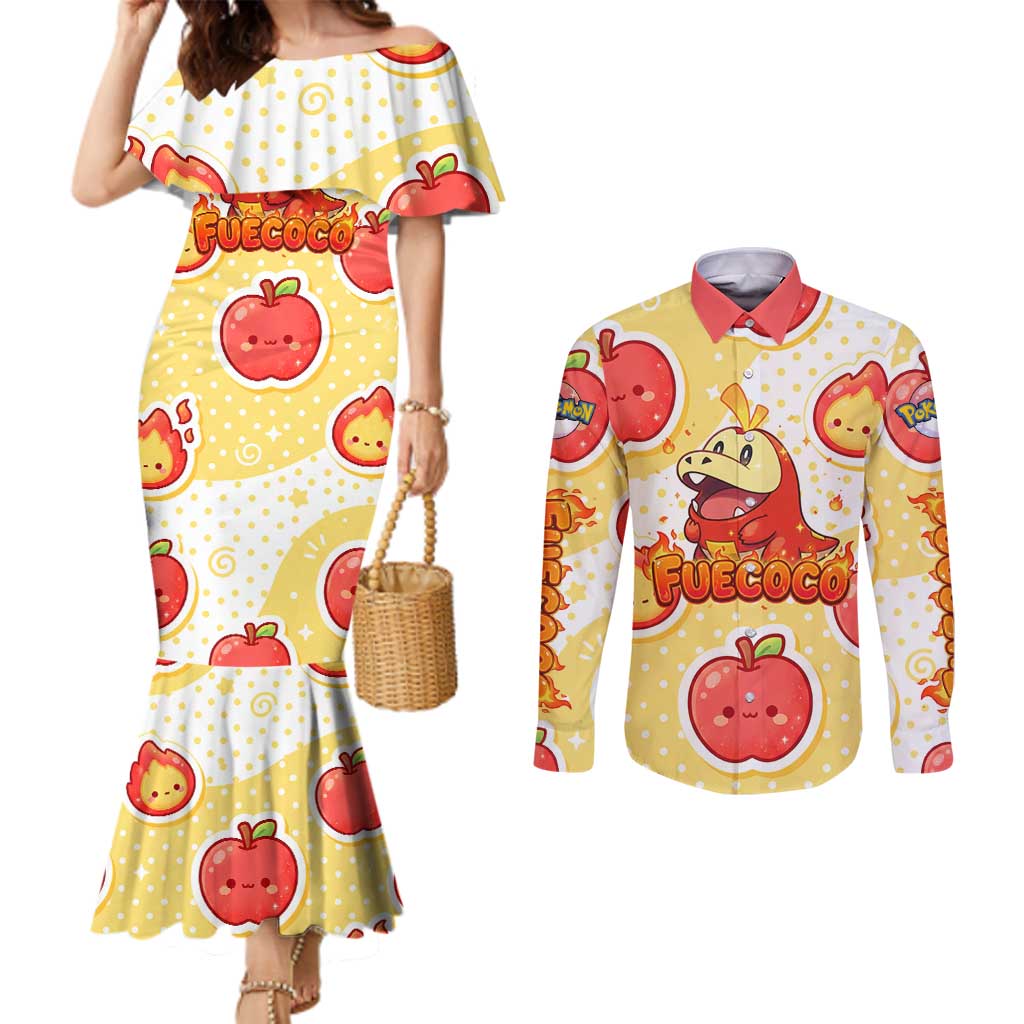 Fuecoco Couples Matching Mermaid Dress and Long Sleeve Button Shirt Kawaii Apple Flame Pop Art