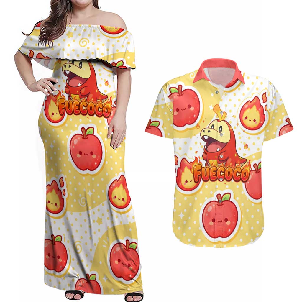 Fuecoco Couples Matching Off Shoulder Maxi Dress and Hawaiian Shirt Kawaii Apple Flame Pop Art