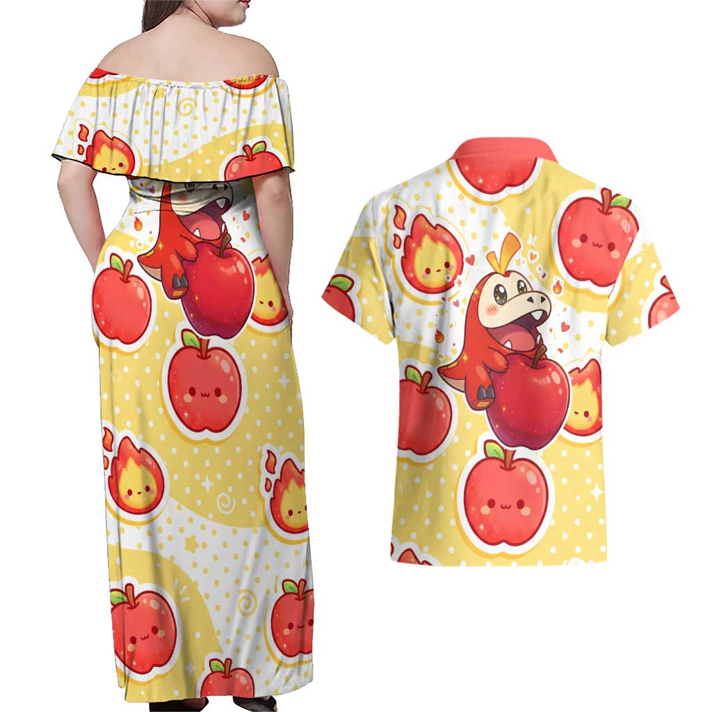 Fuecoco Couples Matching Off Shoulder Maxi Dress and Hawaiian Shirt Kawaii Apple Flame Pop Art