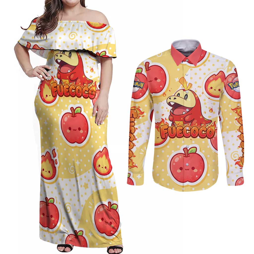 Fuecoco Couples Matching Off Shoulder Maxi Dress and Long Sleeve Button Shirt Kawaii Apple Flame Pop Art