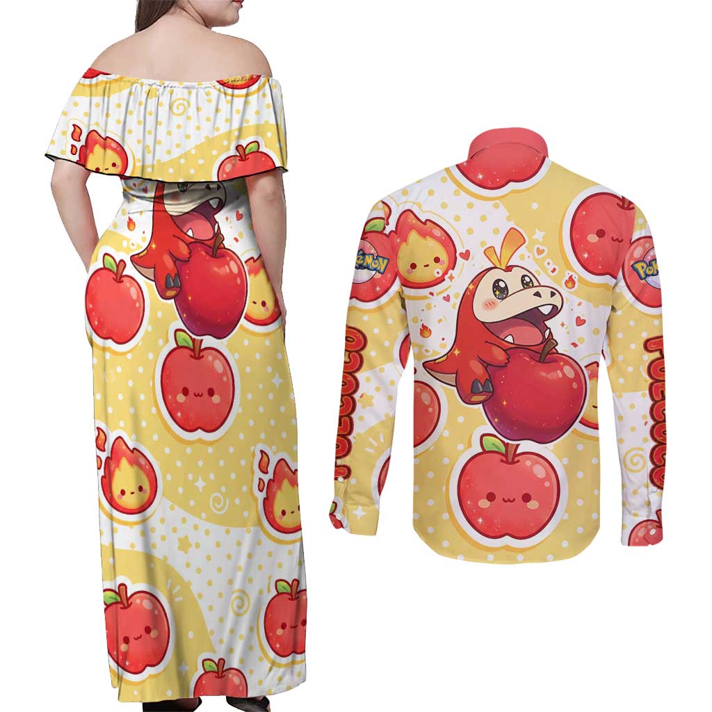 Fuecoco Couples Matching Off Shoulder Maxi Dress and Long Sleeve Button Shirt Kawaii Apple Flame Pop Art