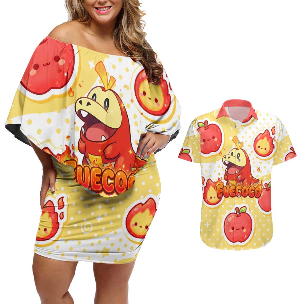 Fuecoco Couples Matching Off Shoulder Short Dress and Hawaiian Shirt Kawaii Apple Flame Pop Art