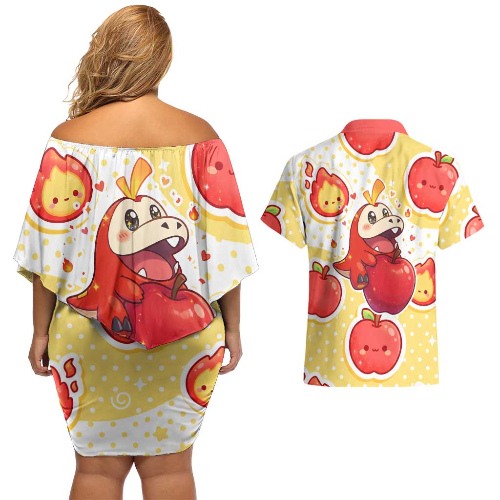 Fuecoco Couples Matching Off Shoulder Short Dress and Hawaiian Shirt Kawaii Apple Flame Pop Art