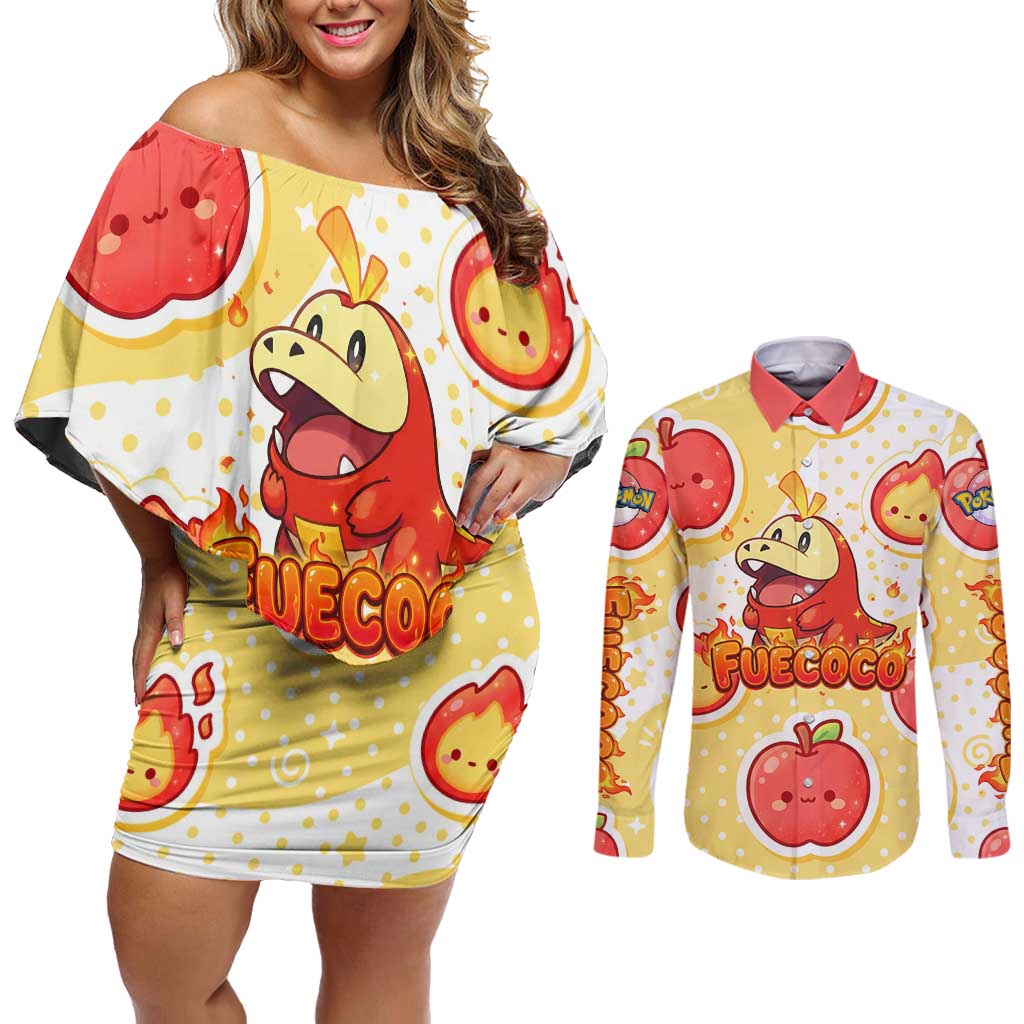 Fuecoco Couples Matching Off Shoulder Short Dress and Long Sleeve Button Shirt Kawaii Apple Flame Pop Art
