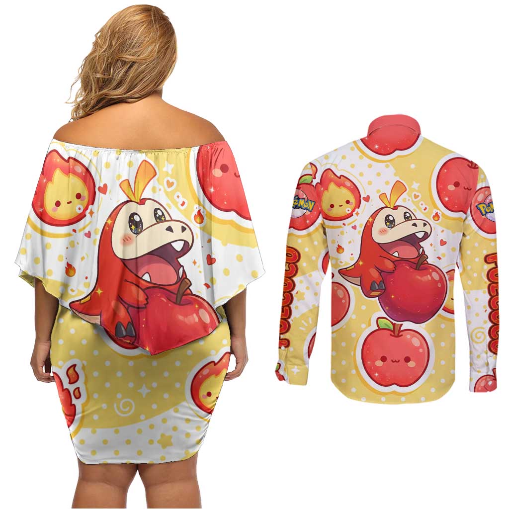 Fuecoco Couples Matching Off Shoulder Short Dress and Long Sleeve Button Shirt Kawaii Apple Flame Pop Art