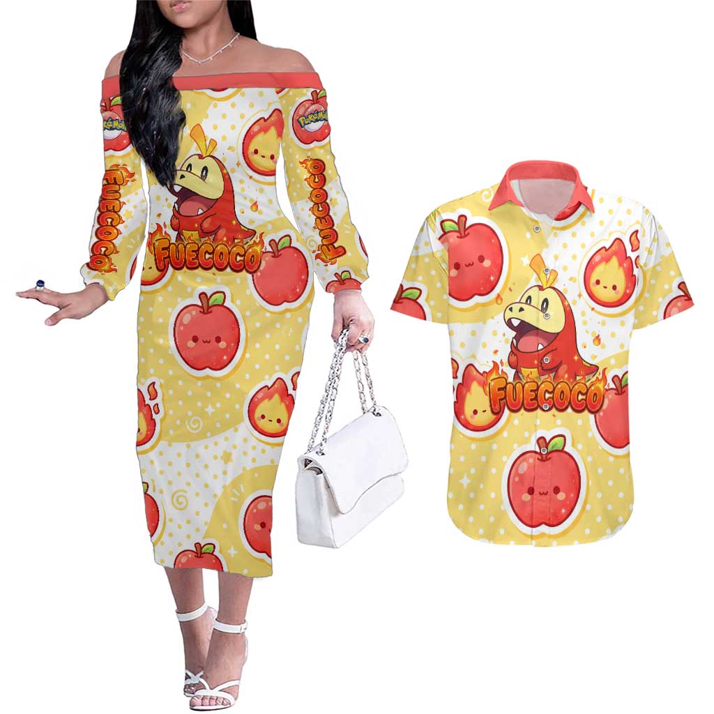 Fuecoco Couples Matching Off The Shoulder Long Sleeve Dress and Hawaiian Shirt Kawaii Apple Flame Pop Art