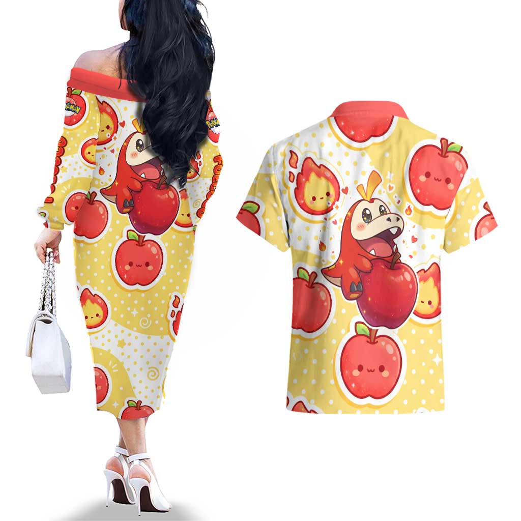 Fuecoco Couples Matching Off The Shoulder Long Sleeve Dress and Hawaiian Shirt Kawaii Apple Flame Pop Art