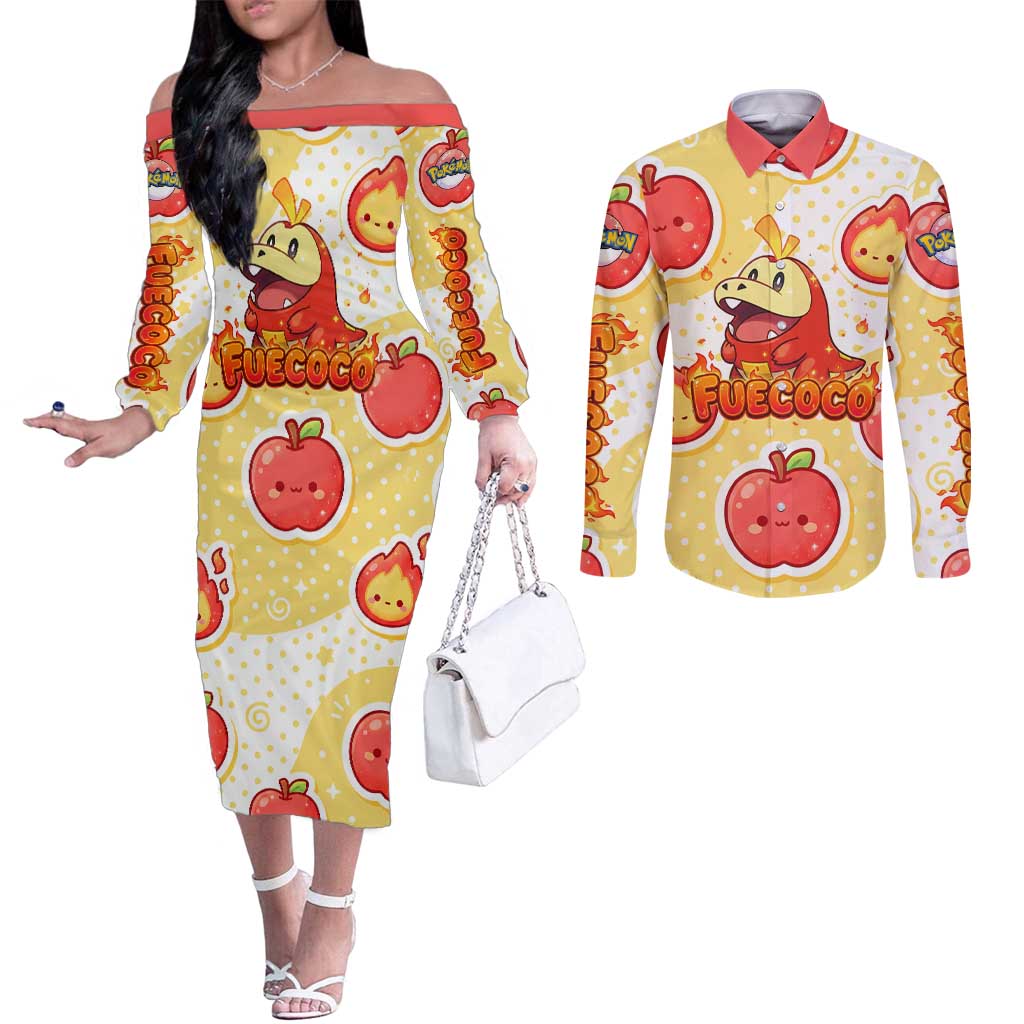 Fuecoco Couples Matching Off The Shoulder Long Sleeve Dress and Long Sleeve Button Shirt Kawaii Apple Flame Pop Art