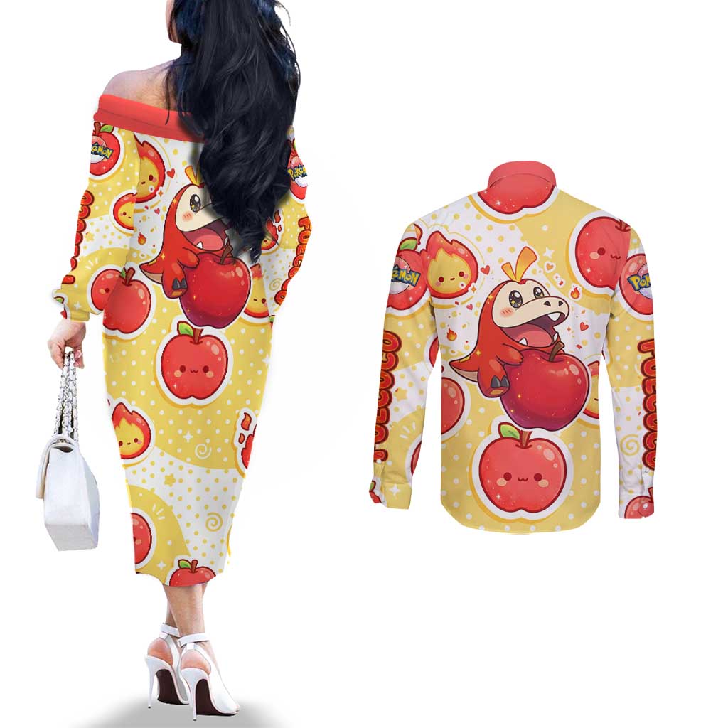 Fuecoco Couples Matching Off The Shoulder Long Sleeve Dress and Long Sleeve Button Shirt Kawaii Apple Flame Pop Art