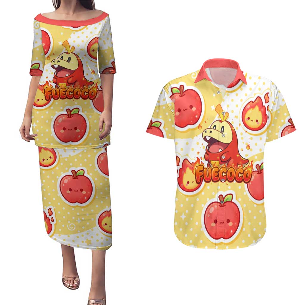 Fuecoco Couples Matching Puletasi and Hawaiian Shirt Kawaii Apple Flame Pop Art