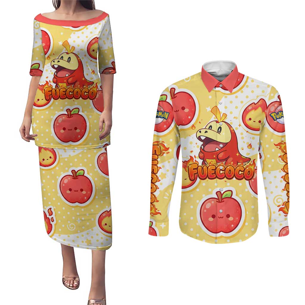 Fuecoco Couples Matching Puletasi and Long Sleeve Button Shirt Kawaii Apple Flame Pop Art