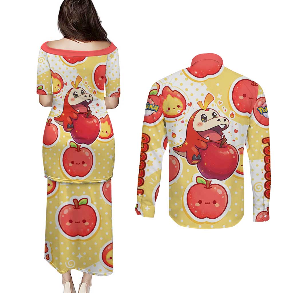 Fuecoco Couples Matching Puletasi and Long Sleeve Button Shirt Kawaii Apple Flame Pop Art