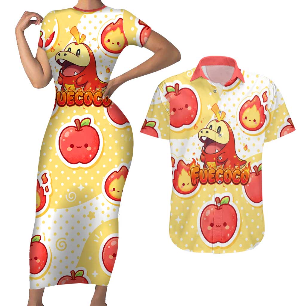 Fuecoco Couples Matching Short Sleeve Bodycon Dress and Hawaiian Shirt Kawaii Apple Flame Pop Art