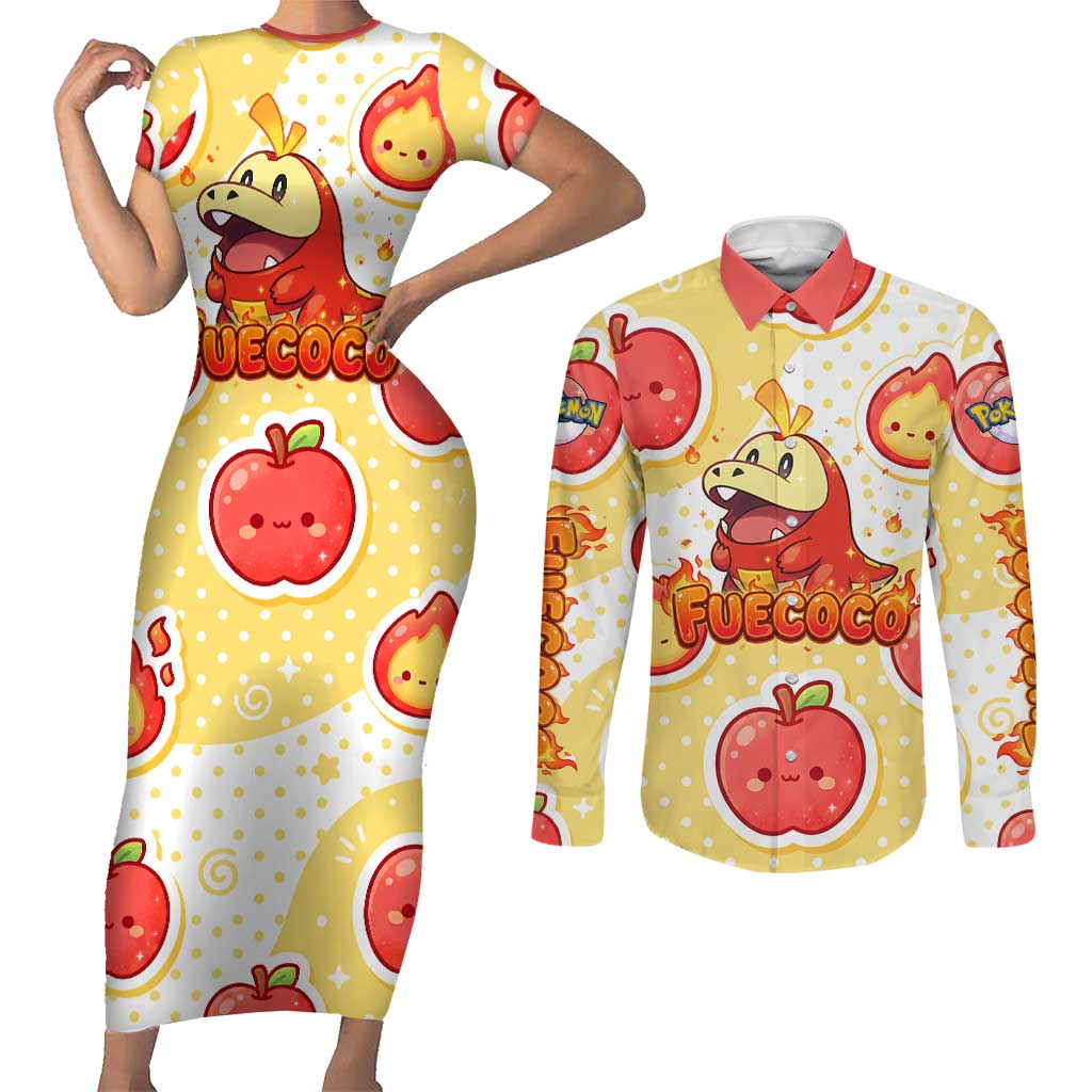 Fuecoco Couples Matching Short Sleeve Bodycon Dress and Long Sleeve Button Shirt Kawaii Apple Flame Pop Art