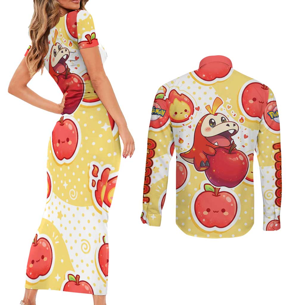 Fuecoco Couples Matching Short Sleeve Bodycon Dress and Long Sleeve Button Shirt Kawaii Apple Flame Pop Art