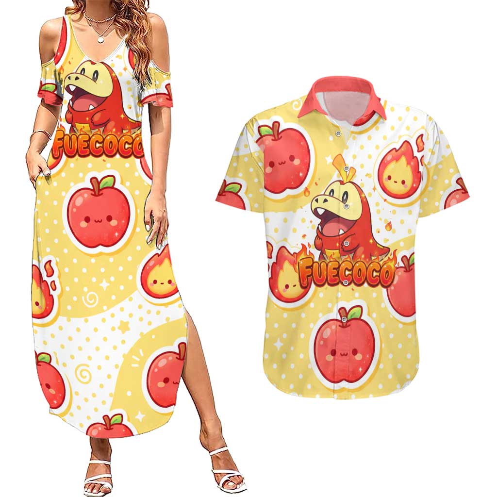 Fuecoco Couples Matching Summer Maxi Dress and Hawaiian Shirt Kawaii Apple Flame Pop Art