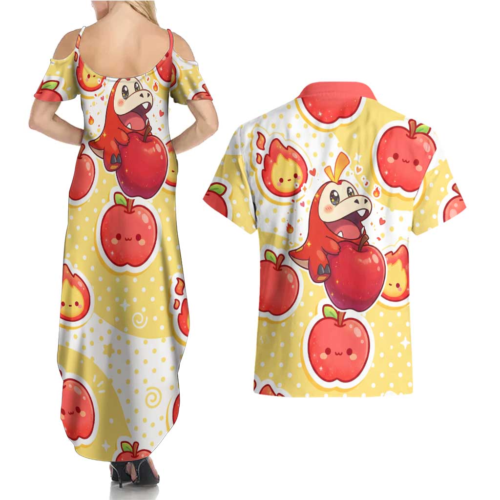 Fuecoco Couples Matching Summer Maxi Dress and Hawaiian Shirt Kawaii Apple Flame Pop Art