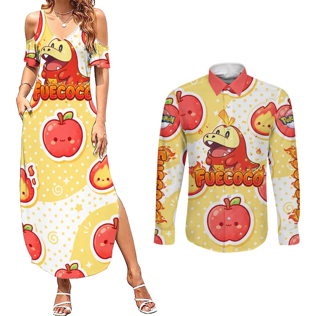 Fuecoco Couples Matching Summer Maxi Dress and Long Sleeve Button Shirt Kawaii Apple Flame Pop Art