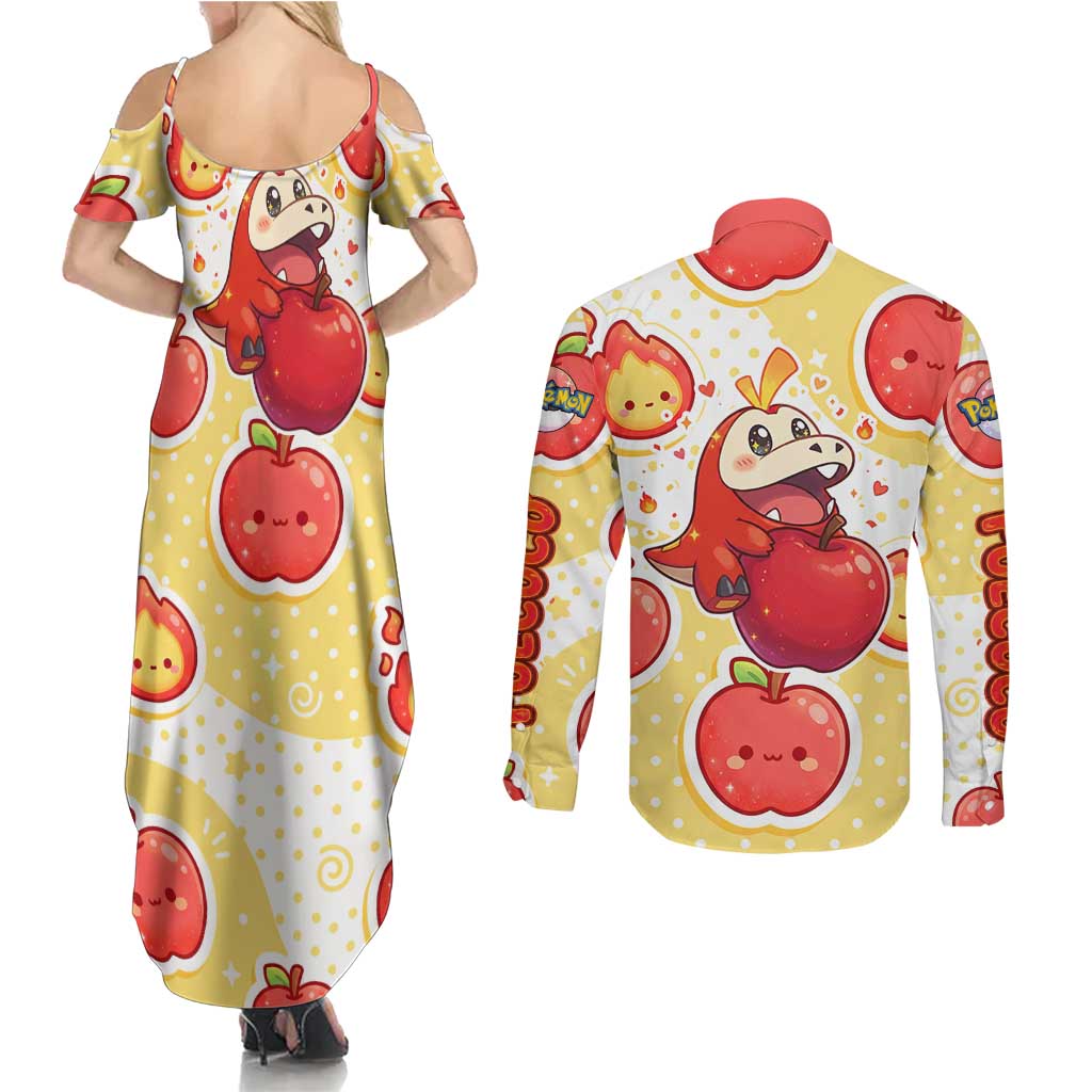 Fuecoco Couples Matching Summer Maxi Dress and Long Sleeve Button Shirt Kawaii Apple Flame Pop Art