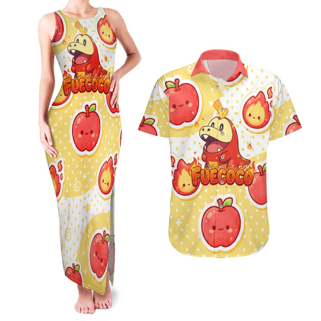 Fuecoco Couples Matching Tank Maxi Dress and Hawaiian Shirt Kawaii Apple Flame Pop Art