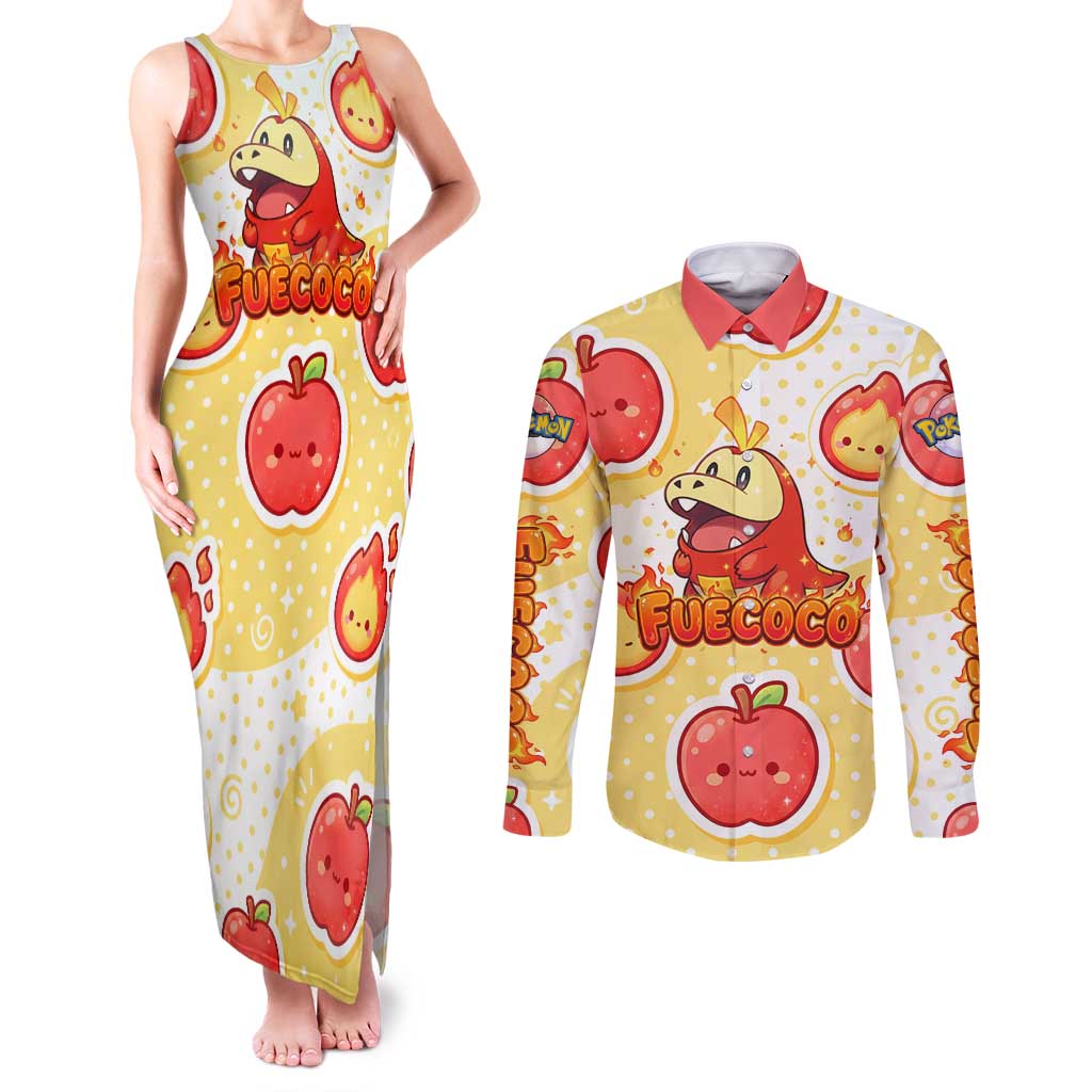 Fuecoco Couples Matching Tank Maxi Dress and Long Sleeve Button Shirt Kawaii Apple Flame Pop Art