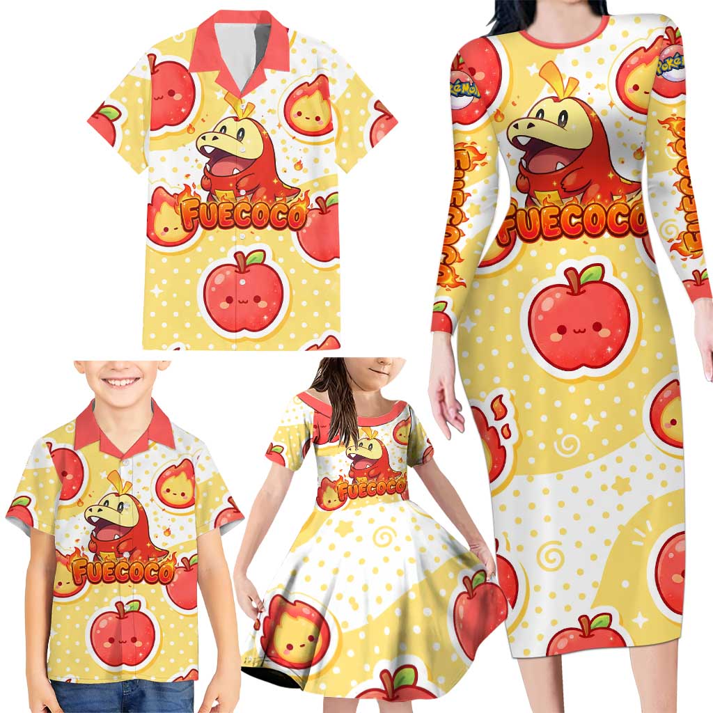 Fuecoco Family Matching Long Sleeve Bodycon Dress and Hawaiian Shirt Kawaii Apple Flame Pop Art