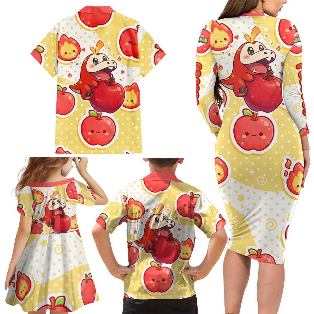 Fuecoco Family Matching Long Sleeve Bodycon Dress and Hawaiian Shirt Kawaii Apple Flame Pop Art