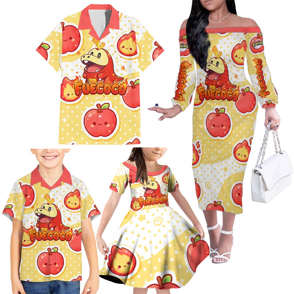 Fuecoco Family Matching Off The Shoulder Long Sleeve Dress and Hawaiian Shirt Kawaii Apple Flame Pop Art