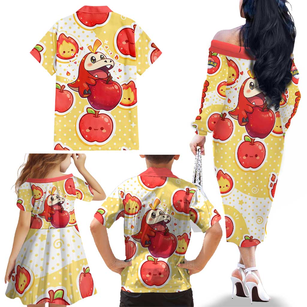 Fuecoco Family Matching Off The Shoulder Long Sleeve Dress and Hawaiian Shirt Kawaii Apple Flame Pop Art