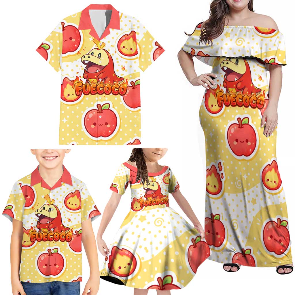 Fuecoco Family Matching Off Shoulder Maxi Dress and Hawaiian Shirt Kawaii Apple Flame Pop Art