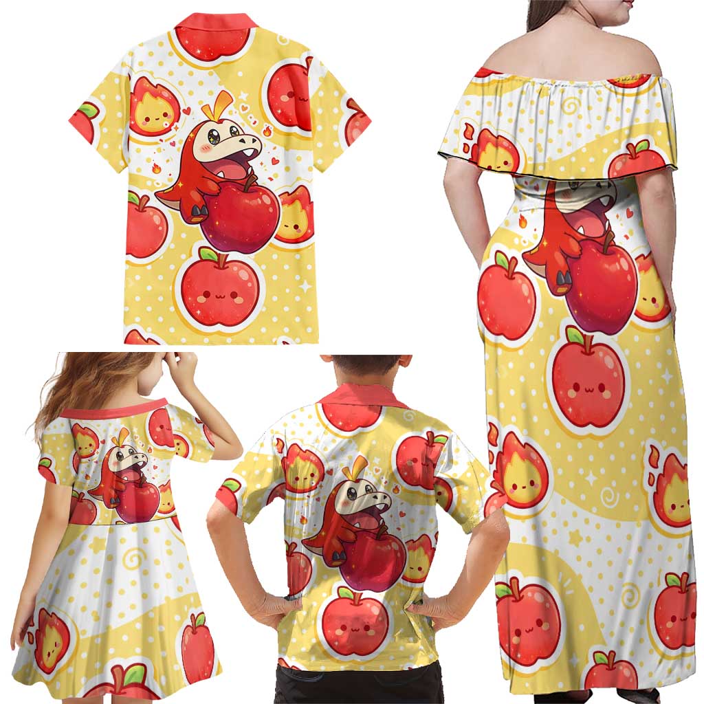 Fuecoco Family Matching Off Shoulder Maxi Dress and Hawaiian Shirt Kawaii Apple Flame Pop Art