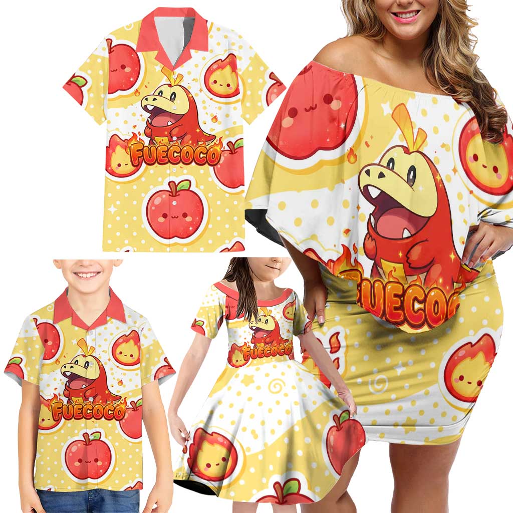 Fuecoco Family Matching Off Shoulder Short Dress and Hawaiian Shirt Kawaii Apple Flame Pop Art