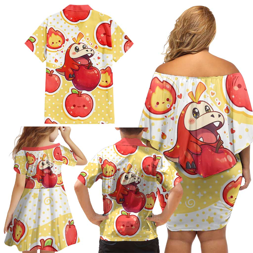 Fuecoco Family Matching Off Shoulder Short Dress and Hawaiian Shirt Kawaii Apple Flame Pop Art