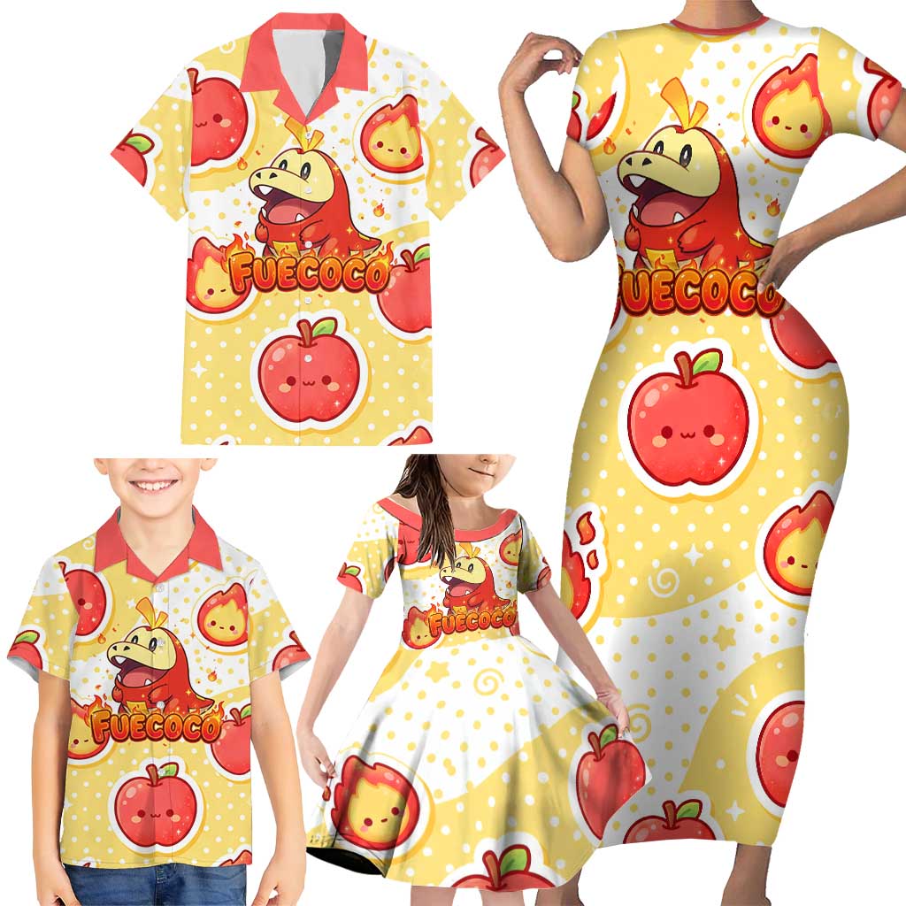 Fuecoco Family Matching Short Sleeve Bodycon Dress and Hawaiian Shirt Kawaii Apple Flame Pop Art