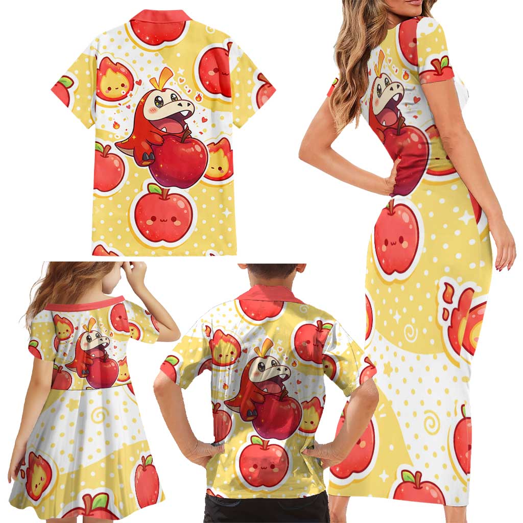 Fuecoco Family Matching Short Sleeve Bodycon Dress and Hawaiian Shirt Kawaii Apple Flame Pop Art