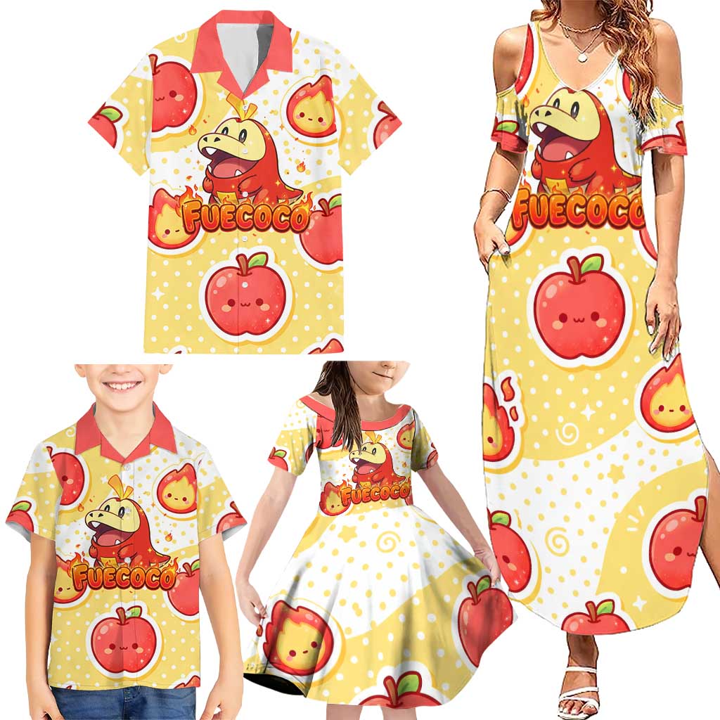 Fuecoco Family Matching Summer Maxi Dress and Hawaiian Shirt Kawaii Apple Flame Pop Art
