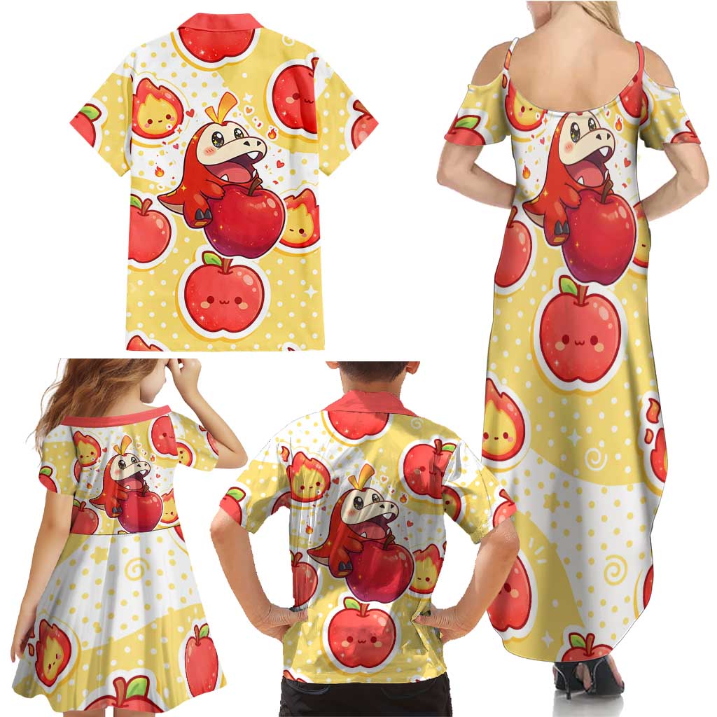 Fuecoco Family Matching Summer Maxi Dress and Hawaiian Shirt Kawaii Apple Flame Pop Art