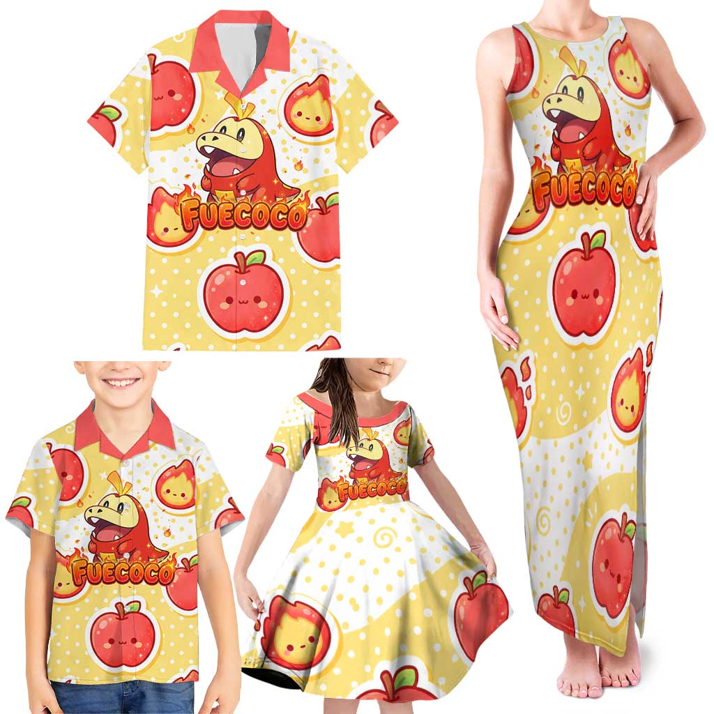 Fuecoco Family Matching Tank Maxi Dress and Hawaiian Shirt Kawaii Apple Flame Pop Art